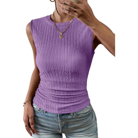 🆕 Women Purple High Neck Tank Top Summer Casual Ribbed Knit Slim Fitted Shirts - Picture 1 of 5